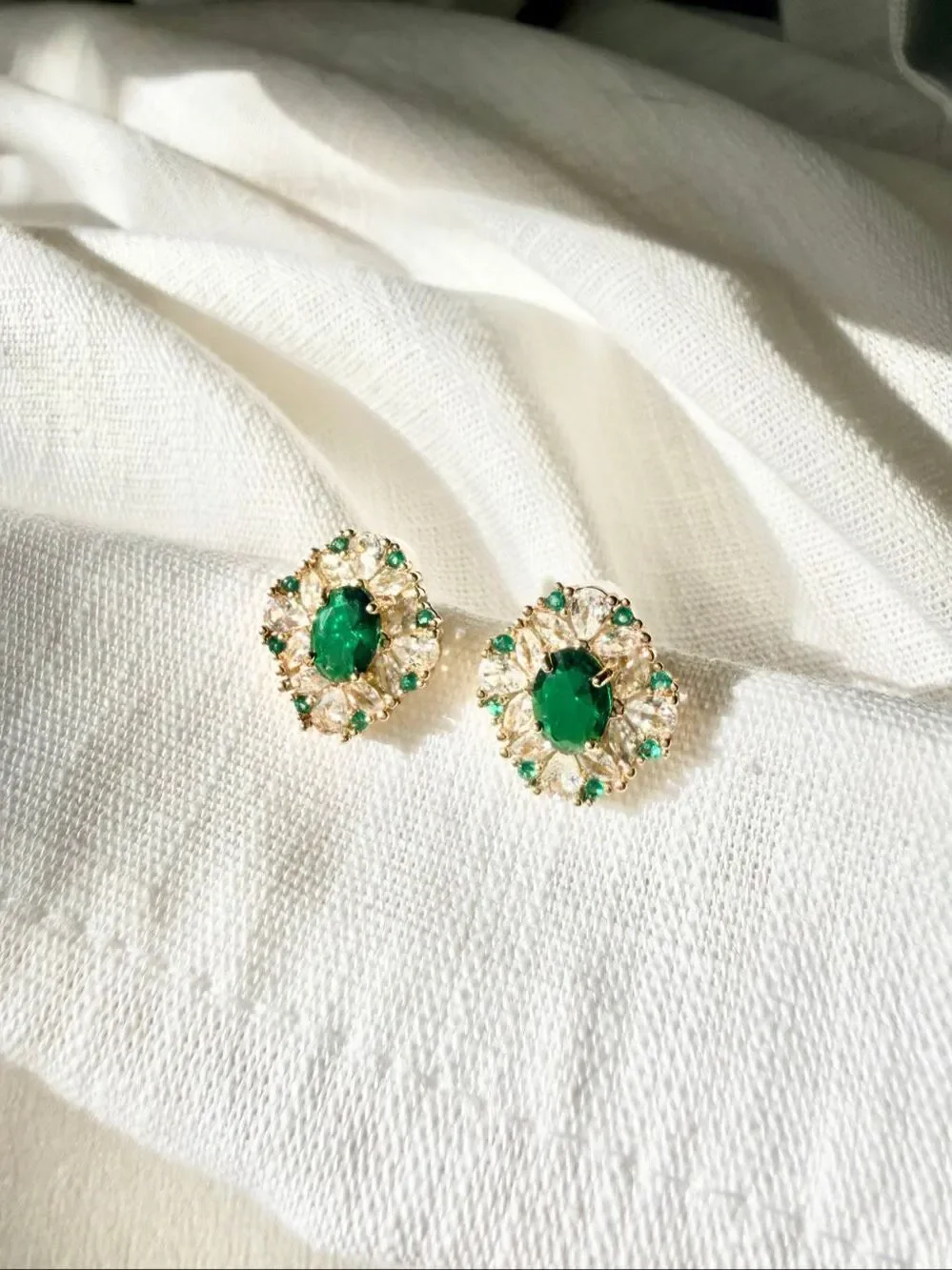 Emerald Green Cubic Zirconia Oval Halo Stud Earrings Gold Tone